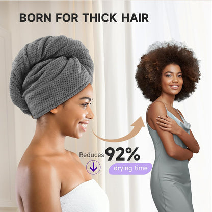 Umisleep 2 Pack Microfiber Hair Towel Wrap for Women, 400 GSM Thick & Soft Hair Drying Towels, Super Absorbent Hair Turban with Button Loop for Curly, Wavy & Wet Hair (Grey, White)