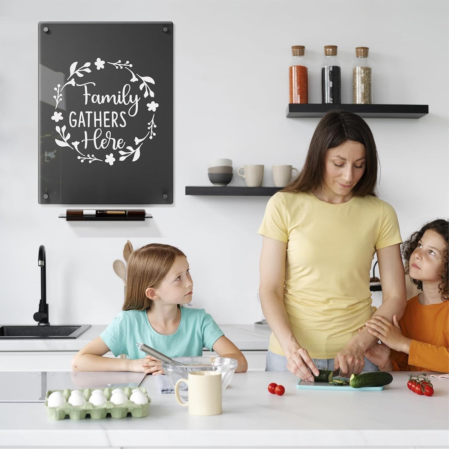 Black Glass Golden Monthly Dry Erase Calendar Whiteboard for Wall, 17" x 23", Frameless Large Planner White Board for Home Kitchen Office, 4 Wet Erase Markers Included, Yeoux