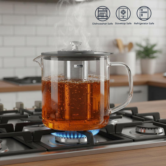 Aquach 68oz Glass Tea Pot with Infuser, Stovetop Safe Borosilicate Teapot | Dishwasher Safe, Plastic-free, Large Family Capacity, Easy-clean Opening, Loose Leaf Filter