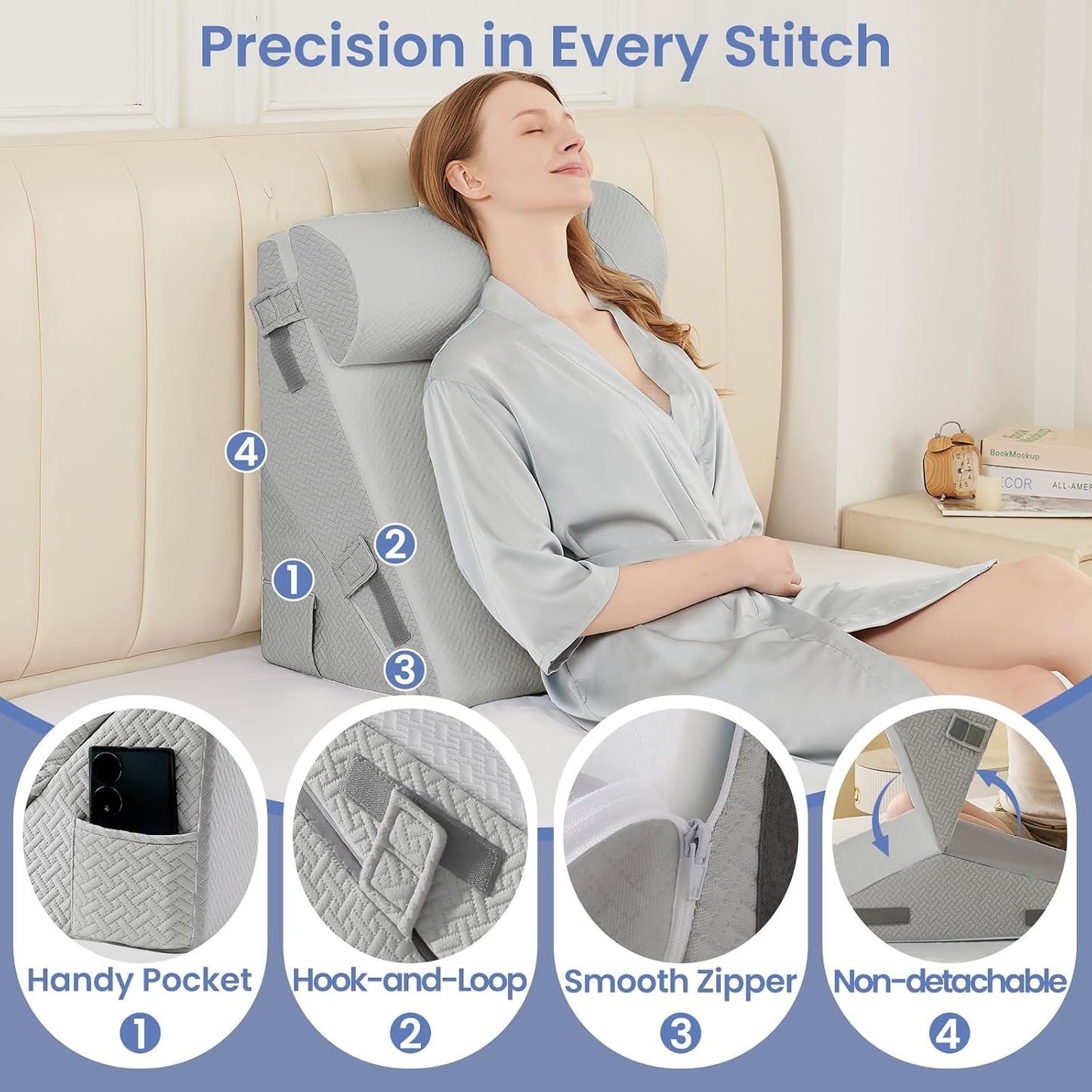Sasttie Wedge Pillow Set for After Surgery, 2PCS Adjustable Bed Wedge Pillow Headboard with Memory Foam Neck Cushion – for Acid Reflux, Sleeping, Neck & Back Support, Dark Grey & White