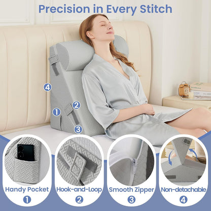 Sasttie Wedge Pillow Set for After Surgery, 2PCS Adjustable Bed Wedge Pillow Headboard with Memory Foam Neck Cushion – for Acid Reflux, Sleeping, Neck & Back Support, Dark Grey & White