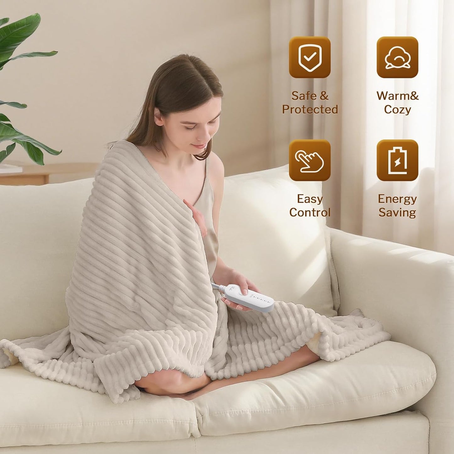 Reaks Electric Heated Throw Blanket, Silky Soft Flannel & Sherpa Heating Blanket Throw with 5 Heat Levels & 3 Hours Auto Off, Warm Gifts for Women Mom Grandma, ETL Certified (50x60 inches, White)