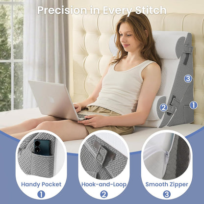 Sasttie Wedge Pillow Set for After Surgery, 2PCS Adjustable Bed Wedge Pillow Headboard with Memory Foam Neck Cushion – for Acid Reflux, Sleeping, Neck & Back Support, Dark Grey & White