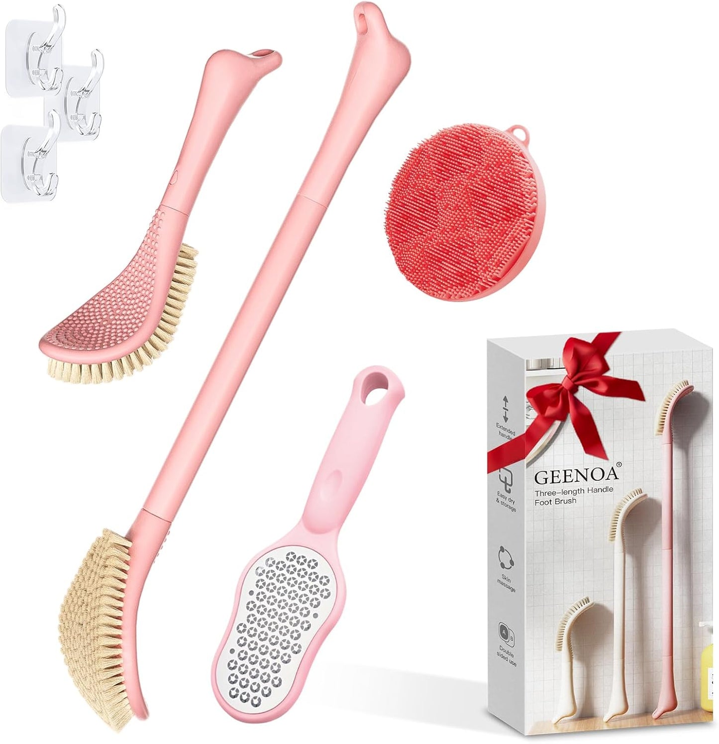 New Foot Brush with Adjustable Long Handle, 3-in-1 Foot Scrubber for Wet or Dry Brushing, 10.2’’- 27.5’’ Foot Scrub Brush for Senior, Pregnant, Disabled, or Injured, Gift-Box Packed(White)