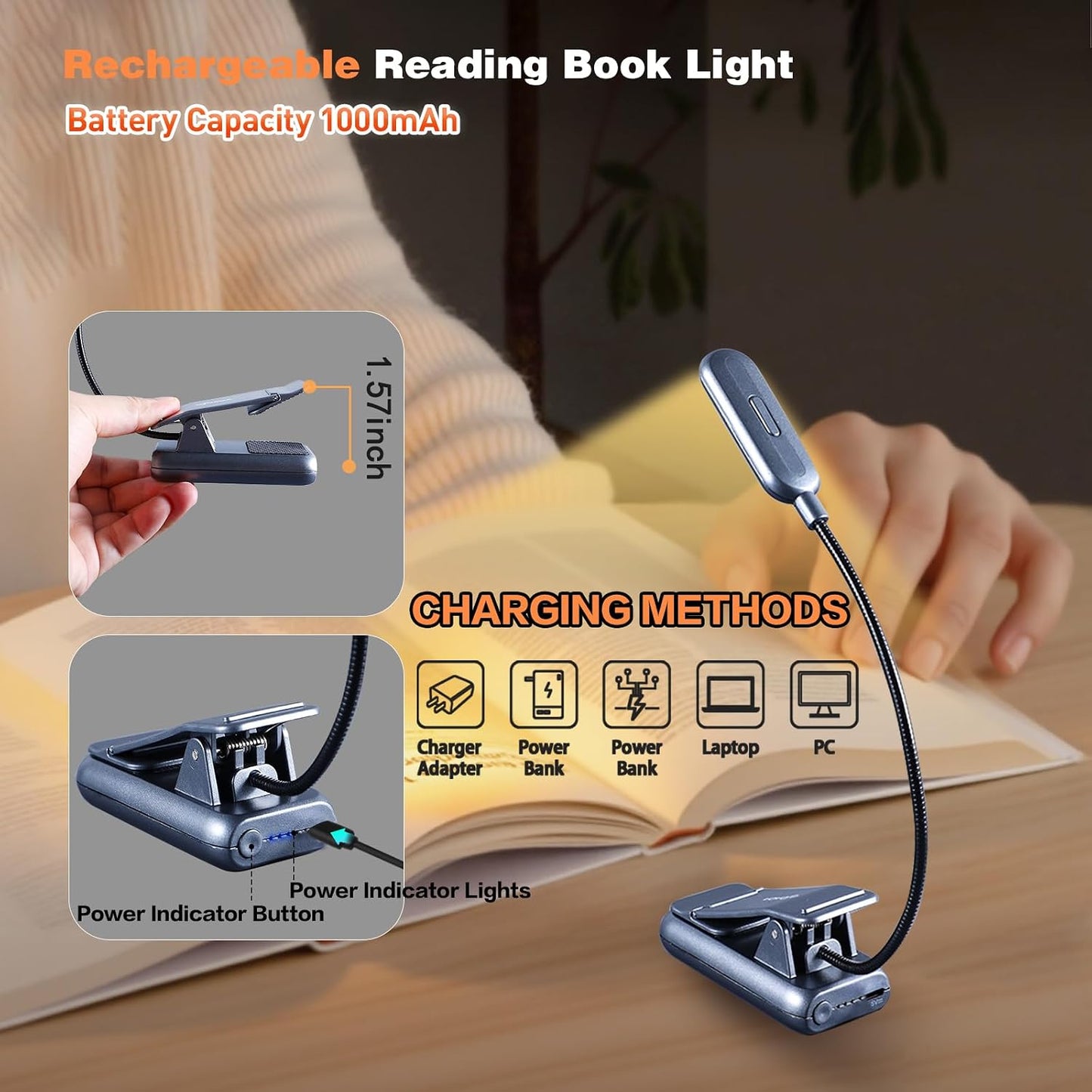 VAVOFO Clip On Book Light for Bed Kids, 7 LED Reading Light with 9-Level Warm Cool White Daylight, Eye Care Lamp with Power Indicator for Bookworms (Blue)