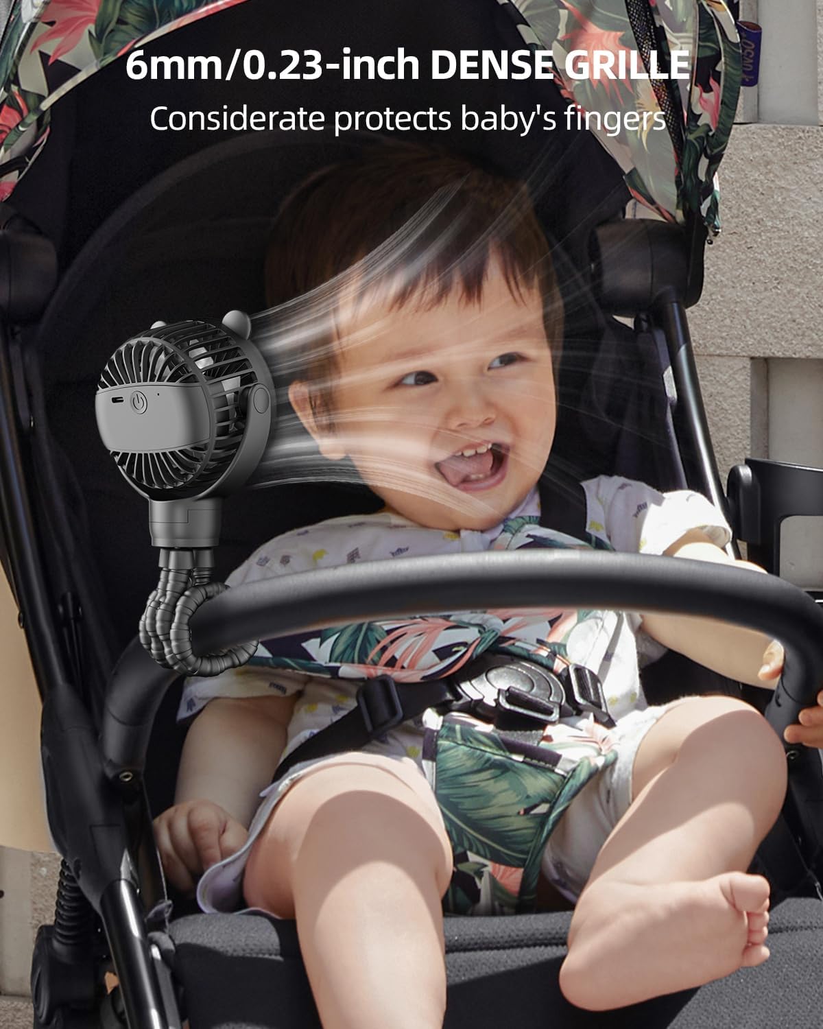 Portable Stroller Mini Fan, Small Rechargeable Personal Fan, Baby Travel Essentials for Wagon, Car Seat, Treadmill, Battery Powered Biking Gear Accessories, 360° Rotation, 3-Speed, Display, Black