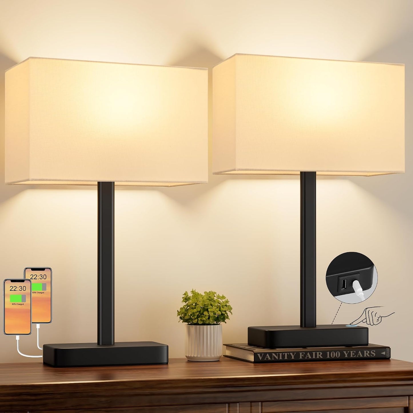 Hong-in Touch Lamps for Bedroom - 3-Way Dimmable Bedside Lamps Set of 2 with USB C+A, Grey Modern Table Lamp for Night Stands, Desk Lamp for Living Room Nightstand End Tables Bed Side