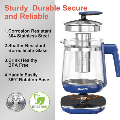 Electric Kettle 1.5L Borosilicate Glass, 1200W Temperature Control Tea Kettle with Auto Shut-Off & Boil-Dry Protection, BPA-Free Stainless Steel Base, Fast Boil for Coffee & Keep Warm, White