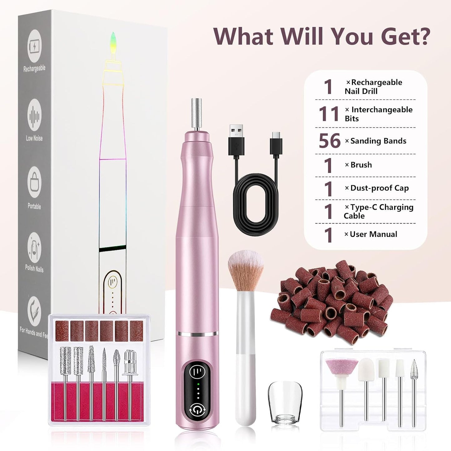 TUOBEO Cordless Nail Drill Electric Nail File Kit, Rechargeable Efile Set, Portable Acrylic Gel Nail Polish Remover Machine, Pedicure Manicure Tool, 11 Bits, 56 Sanding Bands, Salon Home, Purple