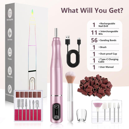 TUOBEO Cordless Nail Drill Electric Nail File Kit, Rechargeable Efile Set, Portable Acrylic Gel Nail Polish Remover Machine, Pedicure Manicure Tool, 11 Bits, 56 Sanding Bands, Salon Home, Purple
