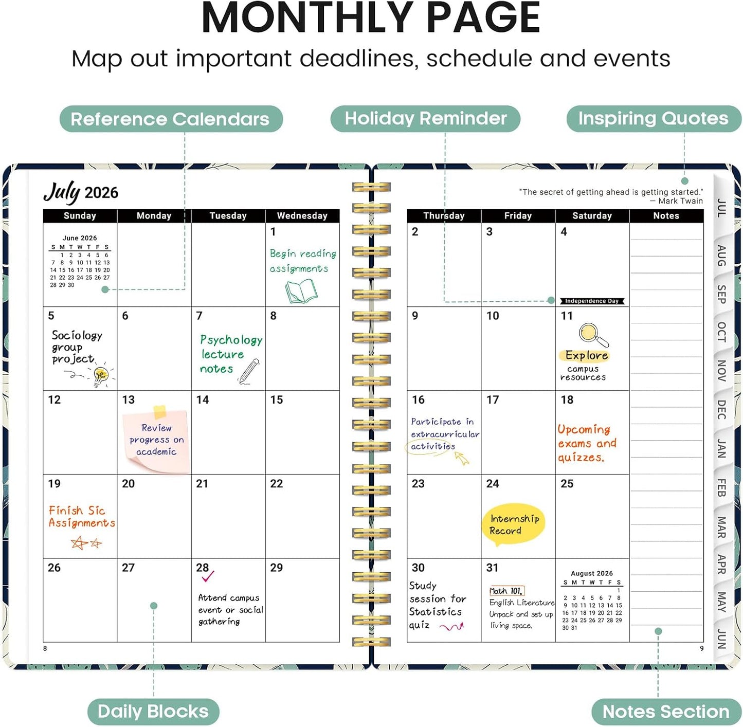 Planner 2026-2027, Academic Monthly and Weekly Calendar Planner for Women, July 2026 - June 2027, Hardcover Pretty Agenda Planner Book with Tabs, Spiral Daily Organizer for School Office Home Supplies, 6.3" x 8.5" - Blue Floral