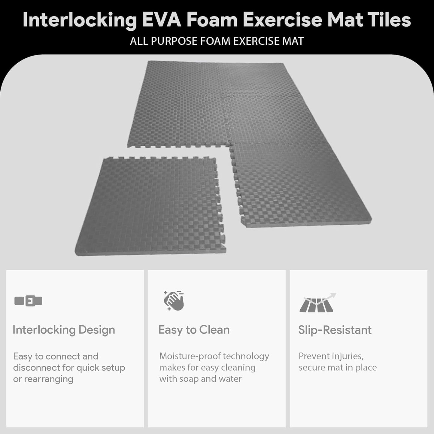 BalanceFrom Puzzle Exercise Mat 1/2" Thick, EVA Interlocking Foam Floor | Tiles for Home Gym, Mat for Home Workout Equipment, Floor Padding for Kids, Black, 24 in x 24 in x 1/2 in, 144 Sq Ft-36 Tiles