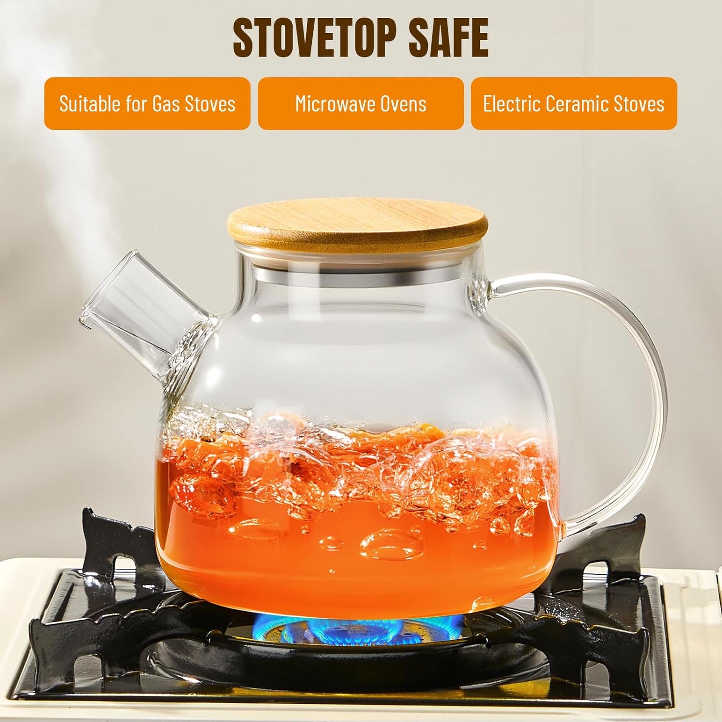 PARACITY Glass Teapot Stovetop 40 OZ/1200ml, Borosilicate Clear Tea Kettle with Removable 18/8 Stainless Steel Infuser, Teapot Blooming and Loose Leaf Tea Maker Tea Brewer for Camping, Travel