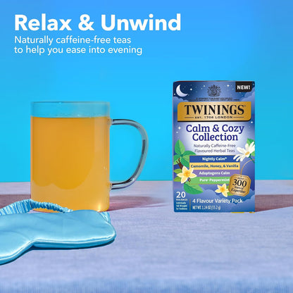 Twinings Calm & Cozy Bedtime Herbal Tea Variety, 20 Count, Pack of 6