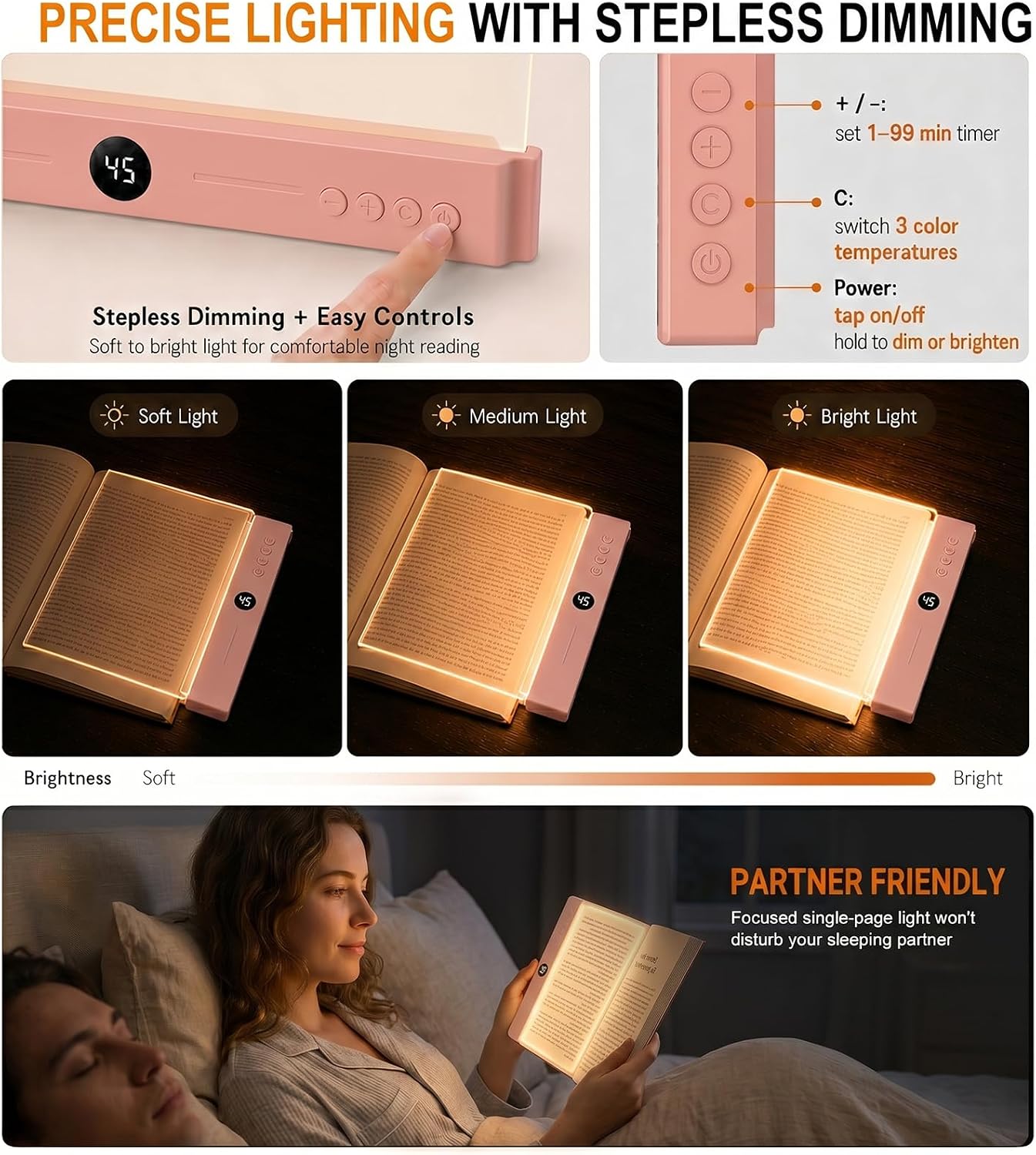 30 LED Book Light for Reading at Night in Bed, Rechargeable Book Page Light, 3 Color Temperatures, Stepless Dimming, 1-99 Min Timer, 2-in-1 Reading Light Light & Night Light, Gift for Readers White