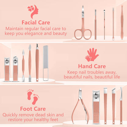 Manicure Set 16Pcs Professional Stainless Steel Pedicure Kit Mens Grooming Kit Fingernail & Toenail Clippers Set Manicure Kit with Luxurious Travel Bag, Sharp Nail Scissors and Clipper (Purple)