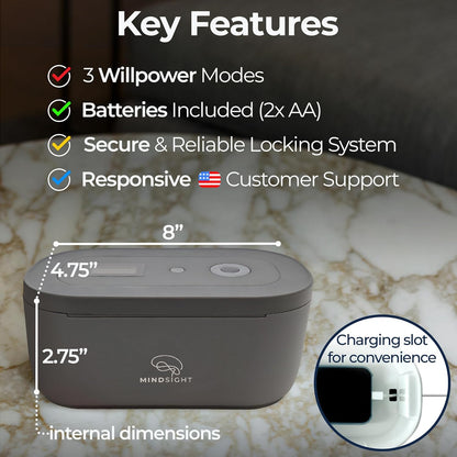 Mindsight Timed Lock Box | Unplug from Phones, Video Games, Social Media, Snacks & Cravings | 3 Modes based on Willpower | Easy to Use | Out of Sight ~ Out of Mind | Boost Your Mental Wellness
