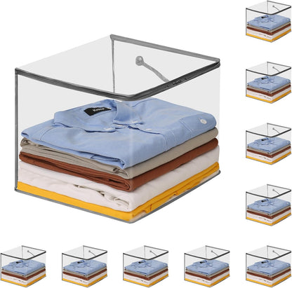 10-Pack Clear Zippered Storage Bags with Handles, Two-Way Zipper Foldable Closet Organizer, Bed Sheet Organizer, Plastic Storage Bin for Clothes, Towels