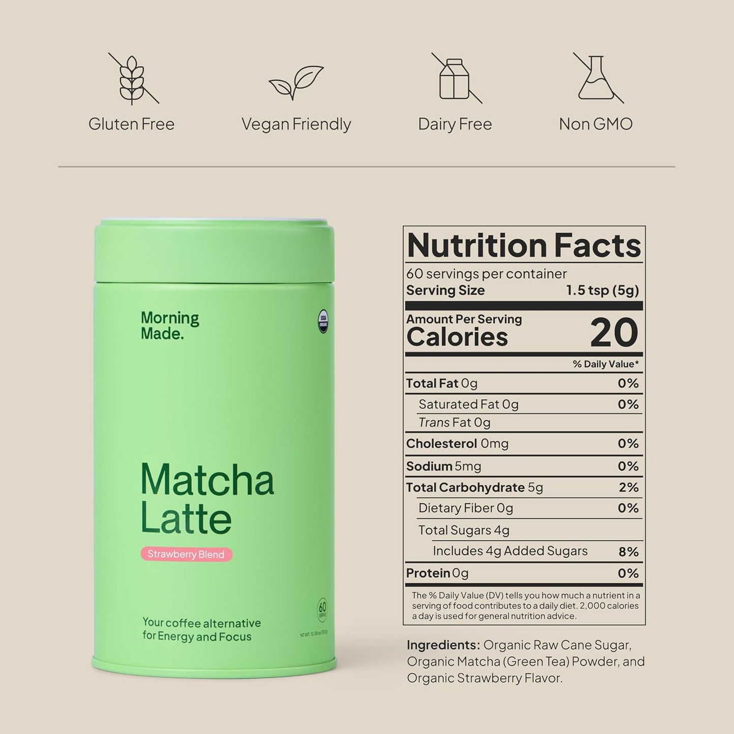 Morning Made Vanilla Ceremonial Grade Matcha Powder - USDA Organic Japanese Green Tea Matcha Powder from Uji Japan - Vegan, Gluten-Free, Resealable Tin (10.6 oz, 60 Servings)