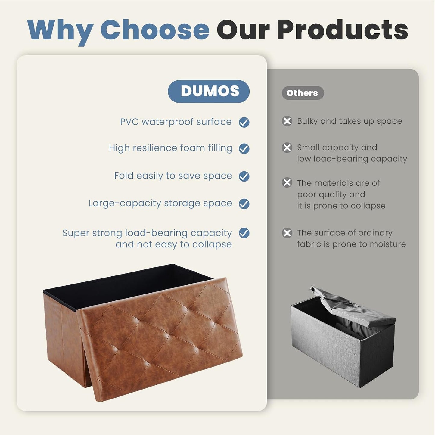 DUMOS 43 Inch Folding Storage Ottoman Bench, Large Hidden Storage Chest with Thicker Foam Padded Seat, End of Bed Foot Rest Stool for Bedroom Living Room Entryway, Load 660 lbs, Grey