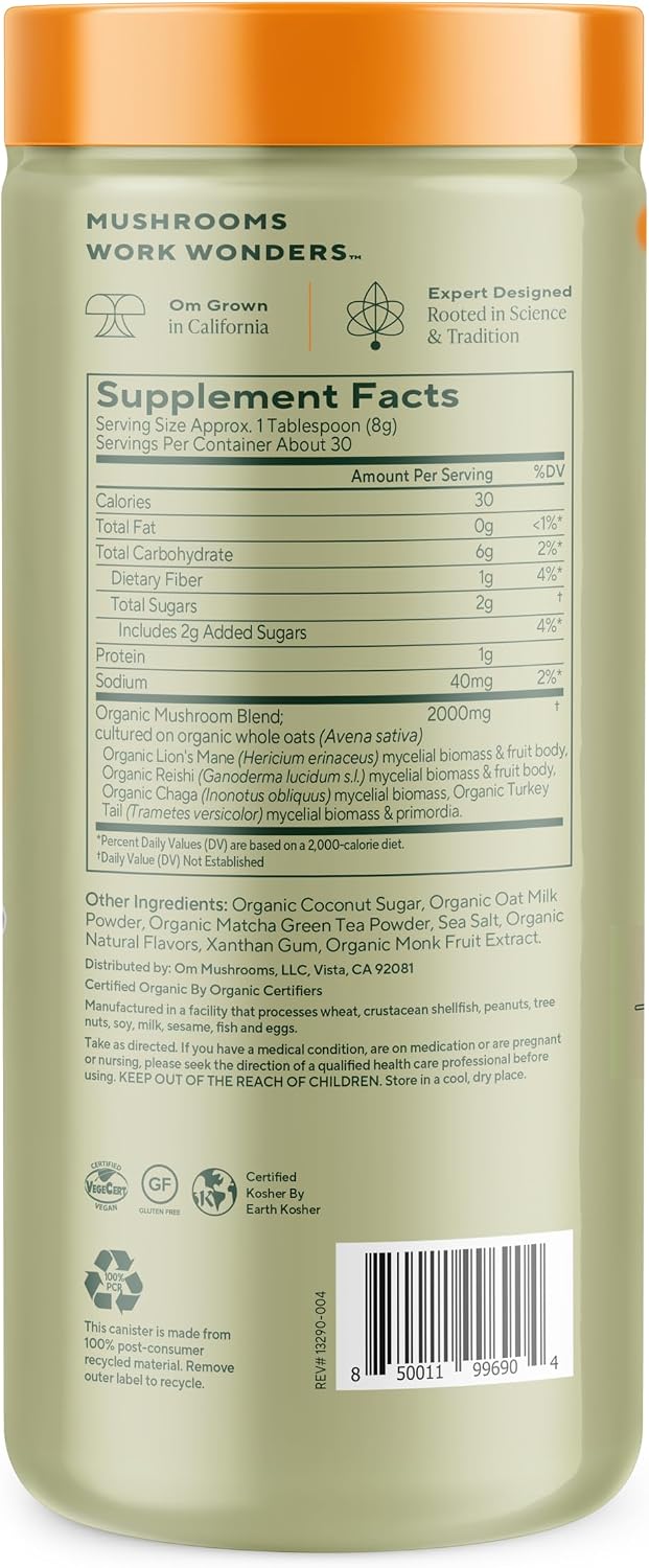 OM MUSHROOM SUPERFOOD Matcha Latte Blend – Green Tea Mushroom Powder with Lion’s Mane, Reishi, Chaga & Turkey Tail – Focus, Calm & Stress Support – 8.47 oz Canister (30 Servings)