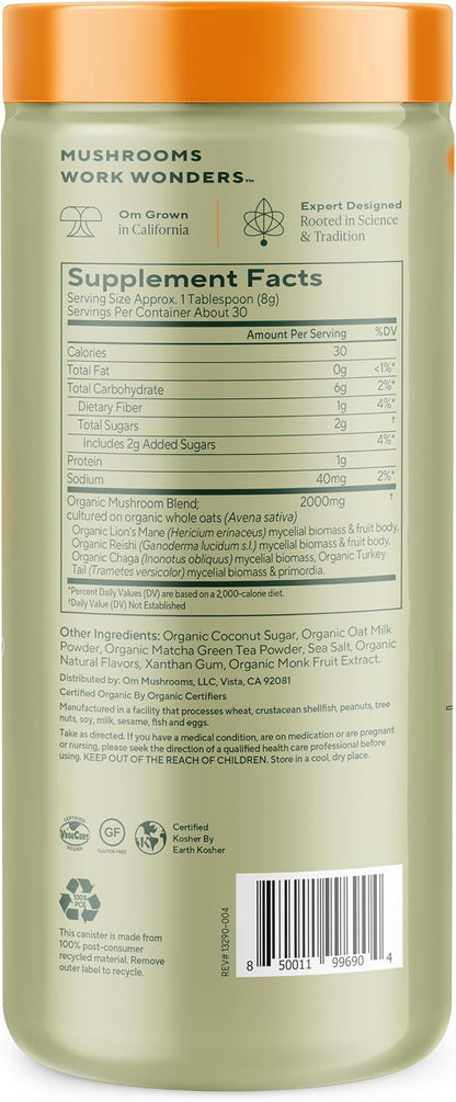 OM MUSHROOM SUPERFOOD Matcha Latte Blend – Green Tea Mushroom Powder with Lion’s Mane, Reishi, Chaga & Turkey Tail – Focus, Calm & Stress Support – 8.47 oz Canister (30 Servings)