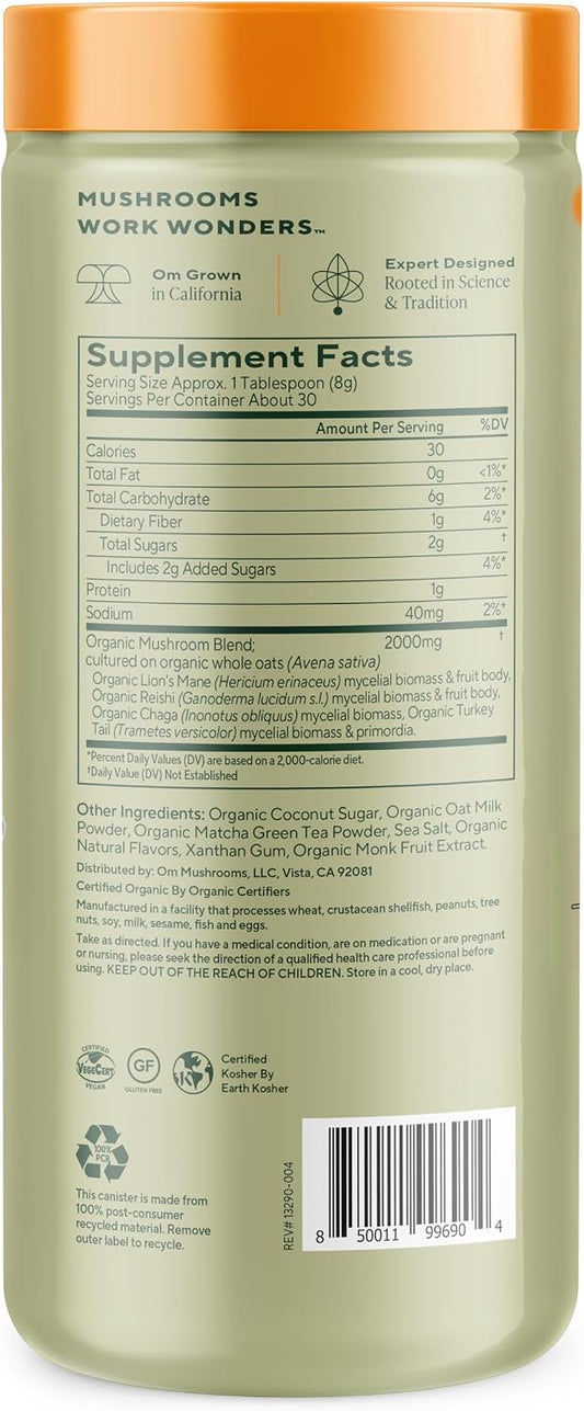 OM MUSHROOM SUPERFOOD Matcha Latte Blend – Green Tea Mushroom Powder with Lion’s Mane, Reishi, Chaga & Turkey Tail – Focus, Calm & Stress Support – 8.47 oz Canister (30 Servings)