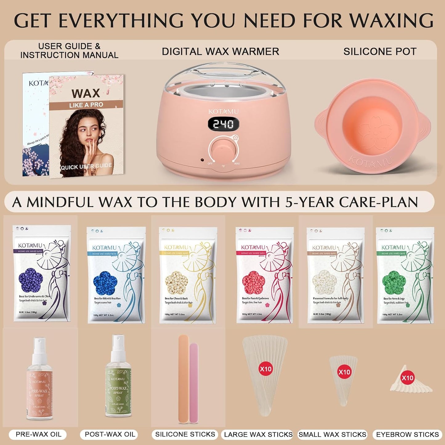 KOTAMU Waxing Kit for Women & Men, Pink Digital Wax Pot Warmer Hair Removal | Home Hard Wax Kit, Wax Machine, Face, Eyebrow, Bikini, Brazilian, Body, Sensitive Skin, 25 Accessories, Beginner-Friendly