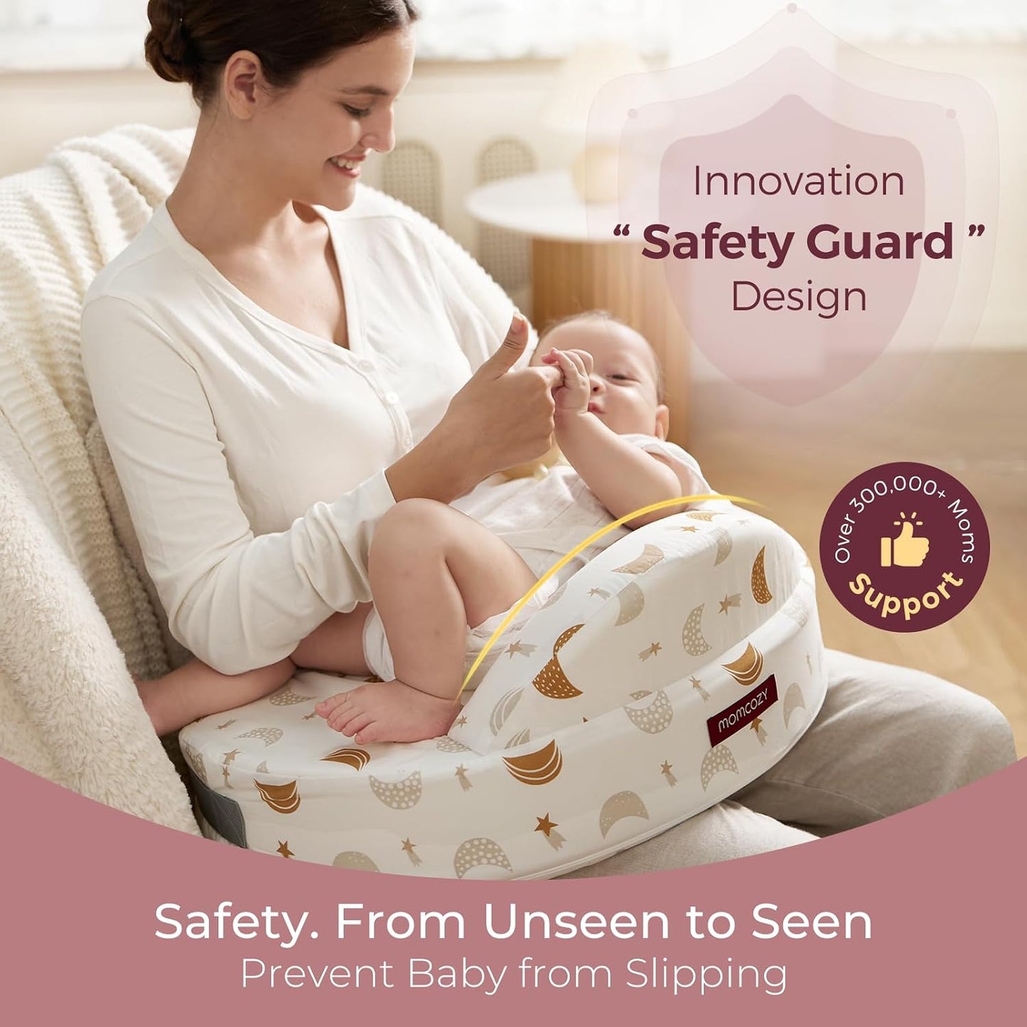 Momcozy CozyPro Nursing Pillow - All Around Lumbar & Arm Support - Safety Guard, Firm & Springy Memory Foam-Stable, Ergonomic Support, Easier Breastfeeding, Wider Cushion, Adjustable, Removable Cover