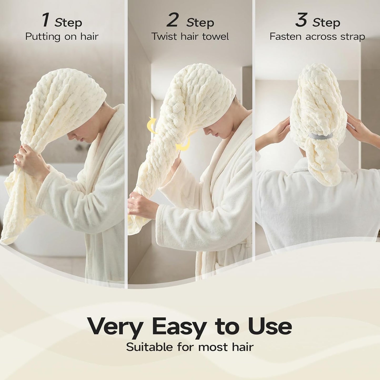 REDKISS 3 Pack Microfiber Hair Towels - Extra Large Hair Towel Wrap for Women, 24x42 inch Hair Towels with Elastic Strap, Super Soft Hair Drying Towels for Long, Thick, Curly Anti Frizz Turbans