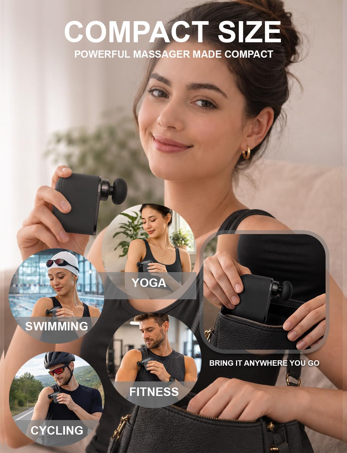Mini Massage Gun - Small Handheld Muscle Massager with Percussion Deep Tissue, 5 Adjustable Vibration Frequency & 3 Interchangeable Heads - Portable Pocket Massage Gun for Gym, Travel, Office