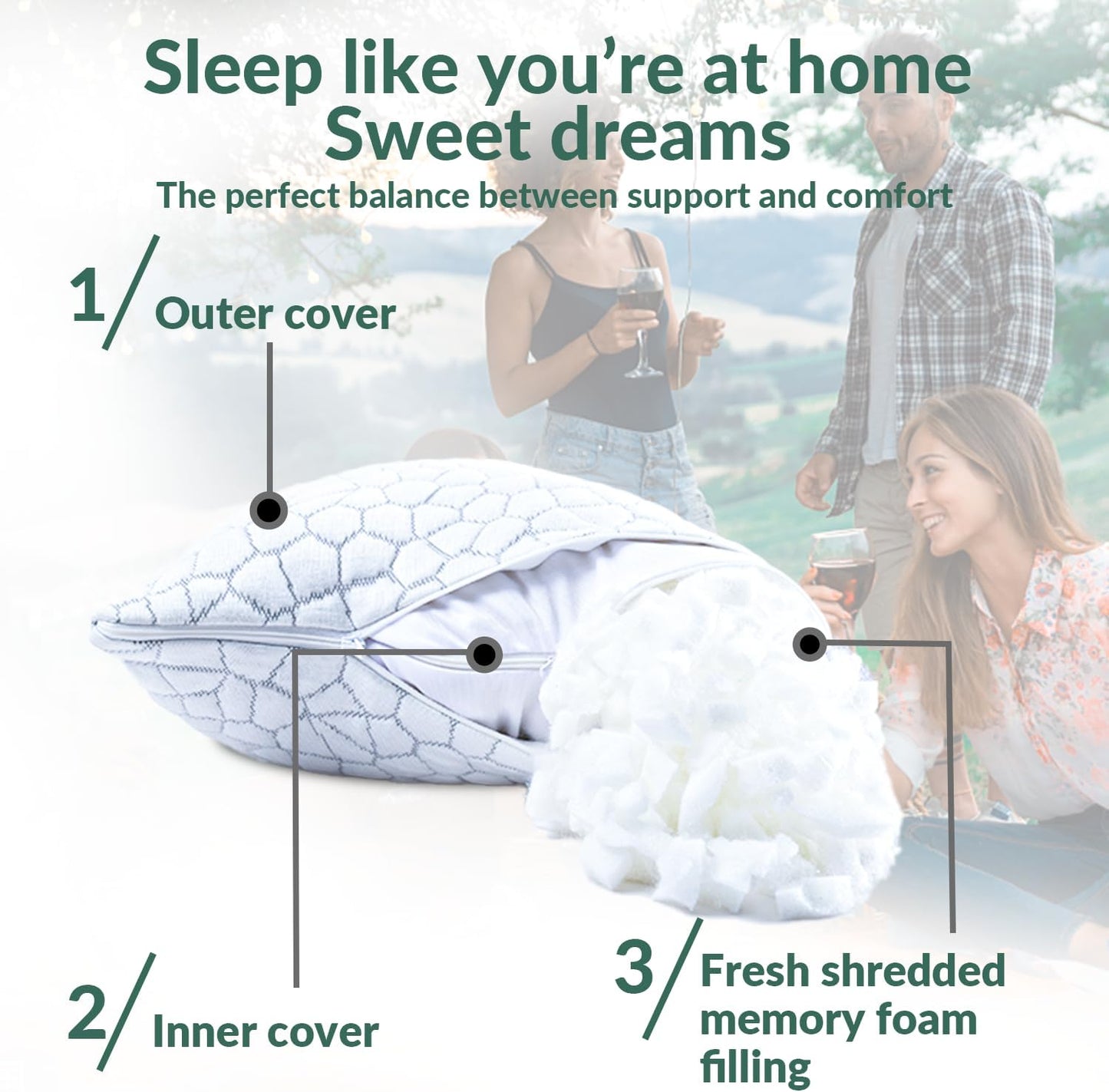 QUTOOL Cooling Pillow for Sleeping, CertiPUR-US Shredded Memory Foam Queen Pillows Set of 2, Cool Pillow for Hot Sleepers Adjustable Firm Pillow for Side, Back, Stomach Sleepers Soft Yet Support,White