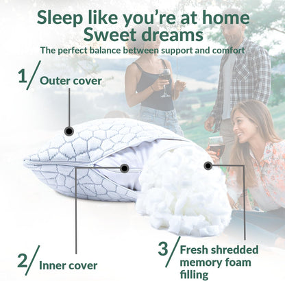 QUTOOL Cooling Pillow for Sleeping, CertiPUR-US Shredded Memory Foam Queen Pillows Set of 2, Cool Pillow for Hot Sleepers Adjustable Firm Pillow for Side, Back, Stomach Sleepers Soft Yet Support,White