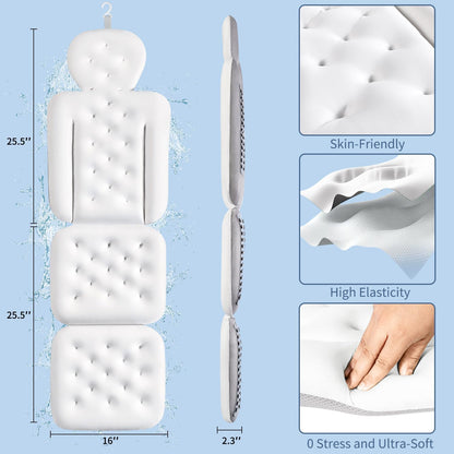 Luxury Bath Cushion, Full Body Bathtub Pillow with 160 Suction Cups, Bath Mat for Head and Neck Support, with Laundry Bag (Blue, 51" x 16")