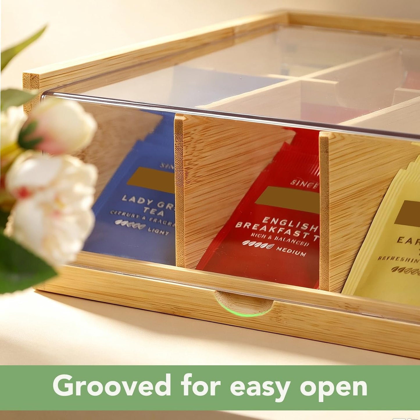 HTB Acacia Wood Tea Bag Organizer Storage Box with 6 Compartments