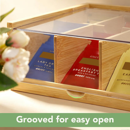 HTB Acacia Wood Tea Bag Organizer Storage Box with 6 Compartments