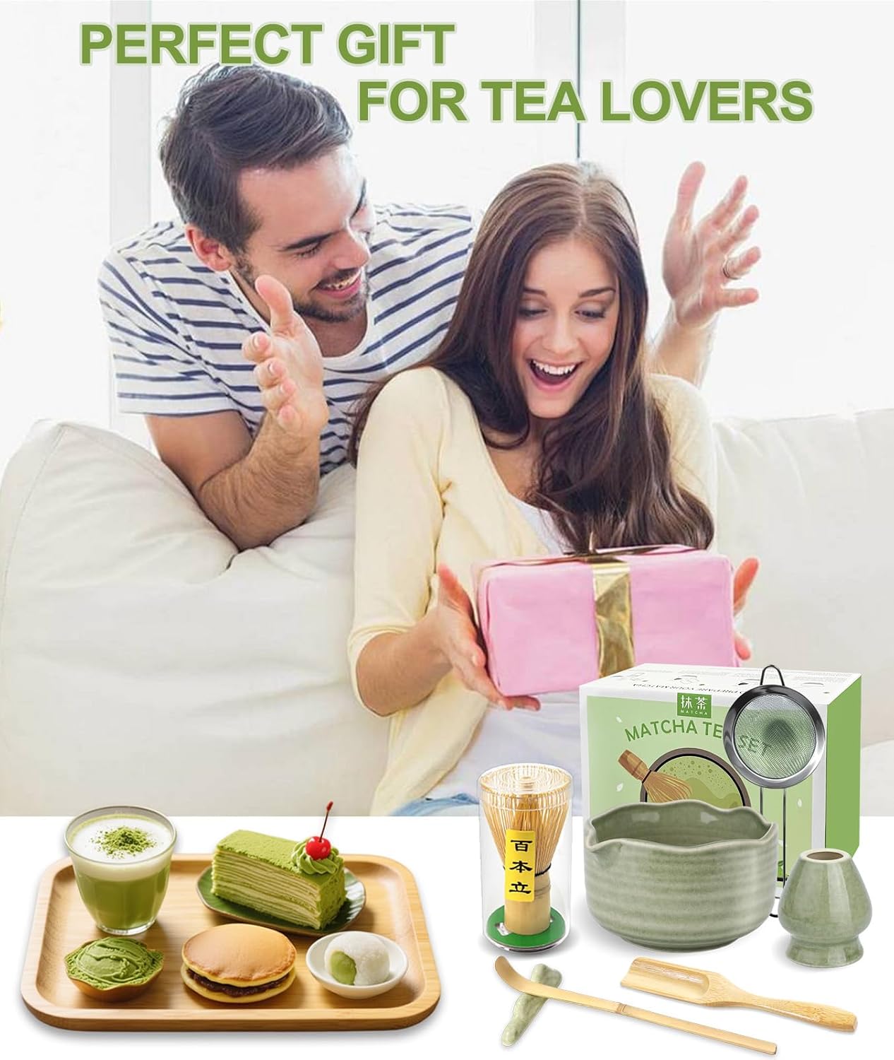 JBER Matcha Whisk Set, Ceramic Matcha Set Includes Bowl & Holder, Bamboo Whisk (Chasen), Sifter, Scoop, Spoon & Rest - 7PCS Matcha Kit Gift for Matcha Lovers & Beginners, Gradient Pink