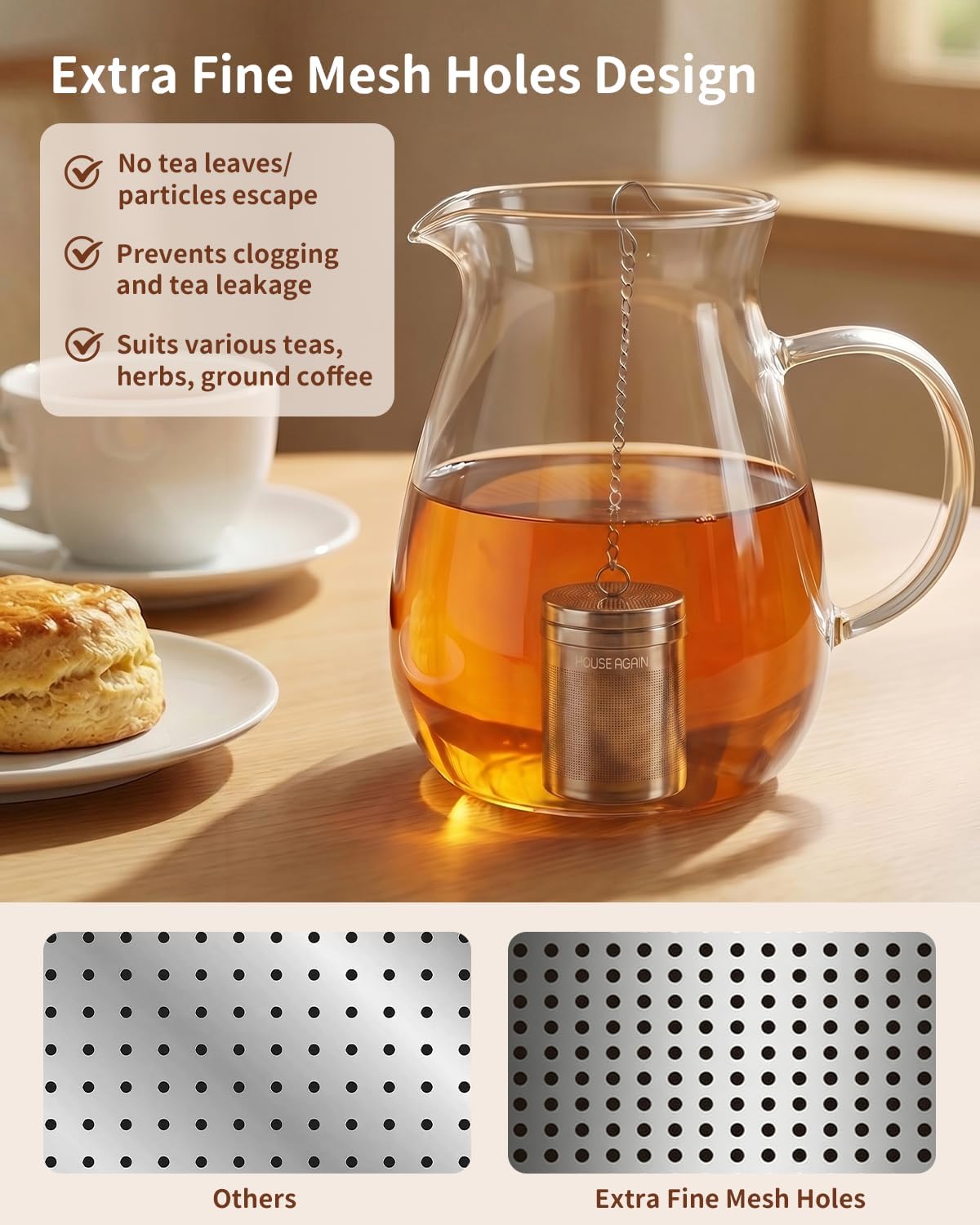 House Again Large Tea Infusers, Extra Fine Mesh Tea Strainers for Loose Tea, Slim Threaded Lid & 304 Stainless Steel, Filter Bags Diffusers, Loose Leaf Tea Steeper for Brew Tea Spices & Seasonings