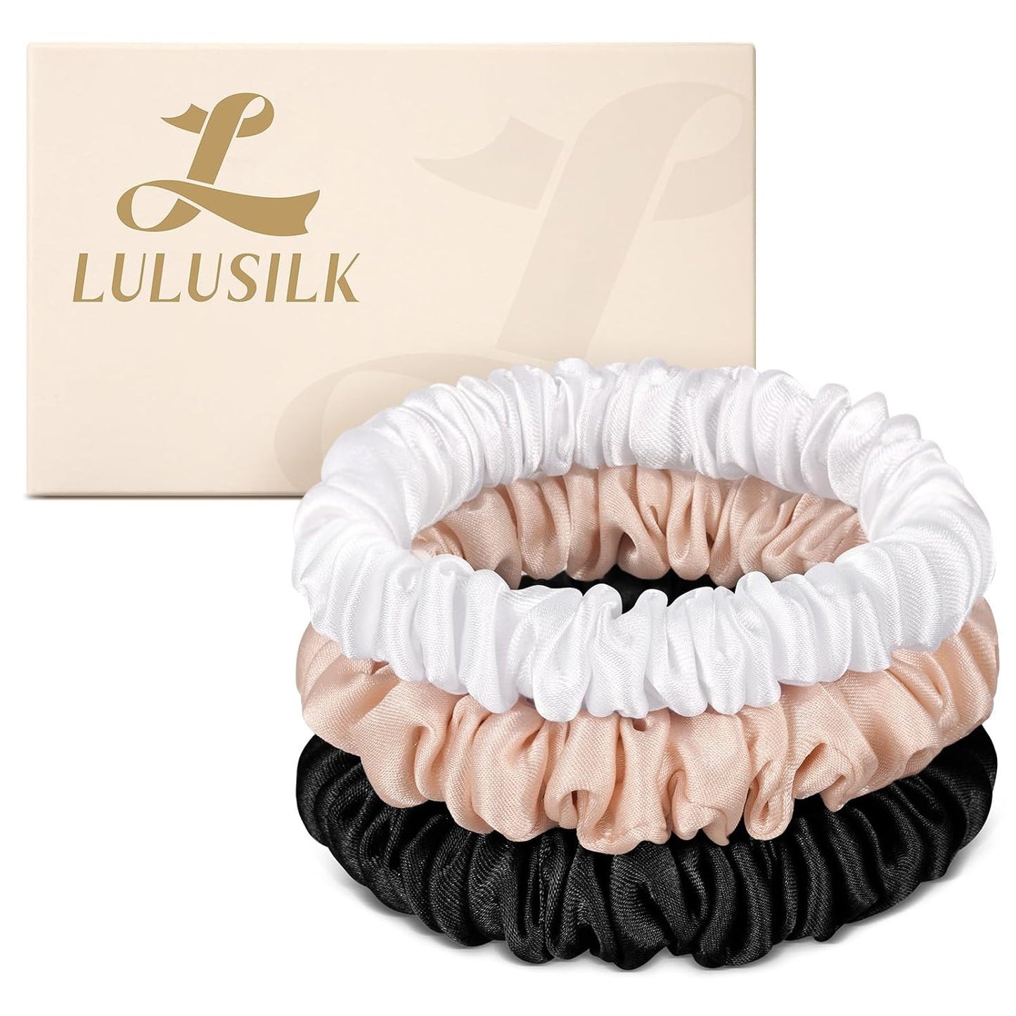 LULUSILK Small Silk Hair Ties No Damage, 100% Real Mulberry Silk, Skinny Scrunchies Ponytail Holders for Thin Fine Hair, Brown, Pack of 3