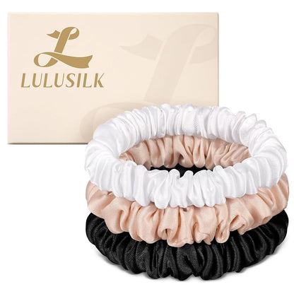 LULUSILK Small Silk Hair Ties No Damage, 100% Real Mulberry Silk, Skinny Scrunchies Ponytail Holders for Thin Fine Hair, Brown, Pack of 3