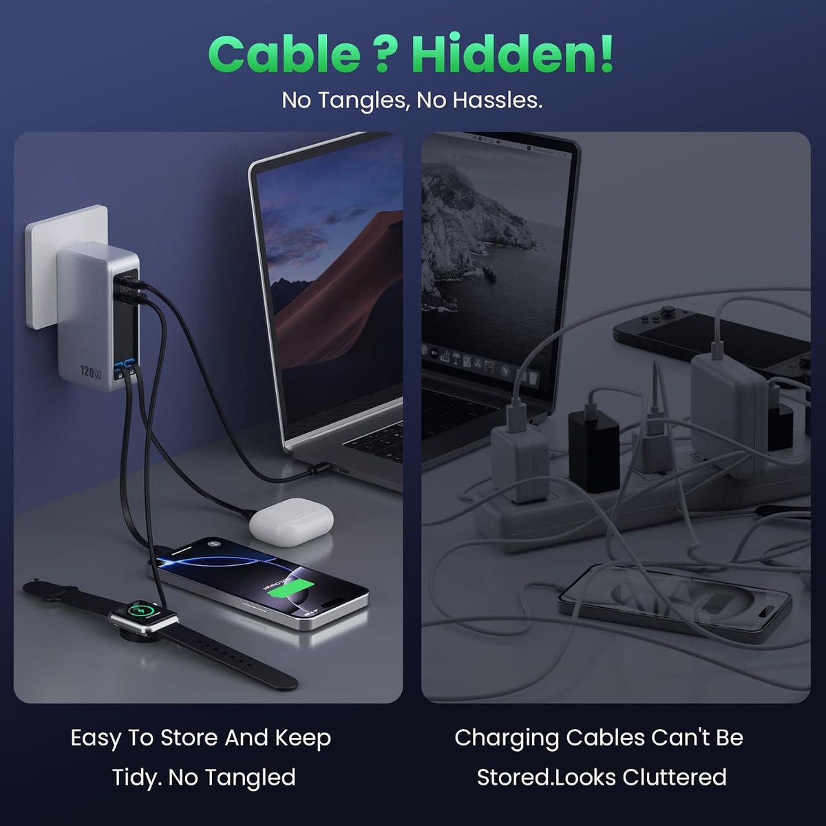 120W USB C Charger Block with 2 Built-in Retractable Cables,4-in-1 GaN IV Foldable Plug Wall Charger Fast Charging Station,PD 65W Laptop Adapter for MacBook/iPad,iPhone 17/16/15/14,Galaxy,Android etc