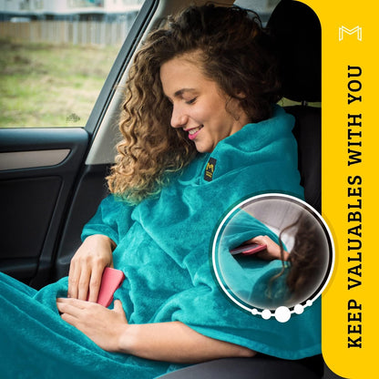 Travel Blanket Airplane Compact with Hoodie – 2in1 Airplane Travel Accessories from Plane Blanket to Travel Pillow with Luggage Strap, Soft Handle & Secure Pocket