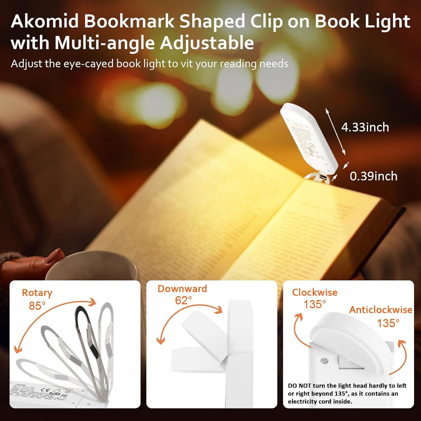 Akomid USB Rechargeable Book Light for Reading in Bed, 8 LEDs Bookmark Style Clip on, Eye-Cared Amber Light Mode for Kids, Blue Light Blocking, Stepless Dimming,Khaki