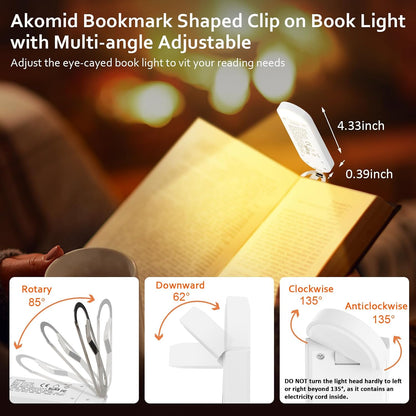 Akomid USB Rechargeable Book Light for Reading in Bed, 8 LEDs Bookmark Style Clip on, Eye-Cared Amber Light Mode for Kids, Blue Light Blocking, Stepless Dimming,Khaki