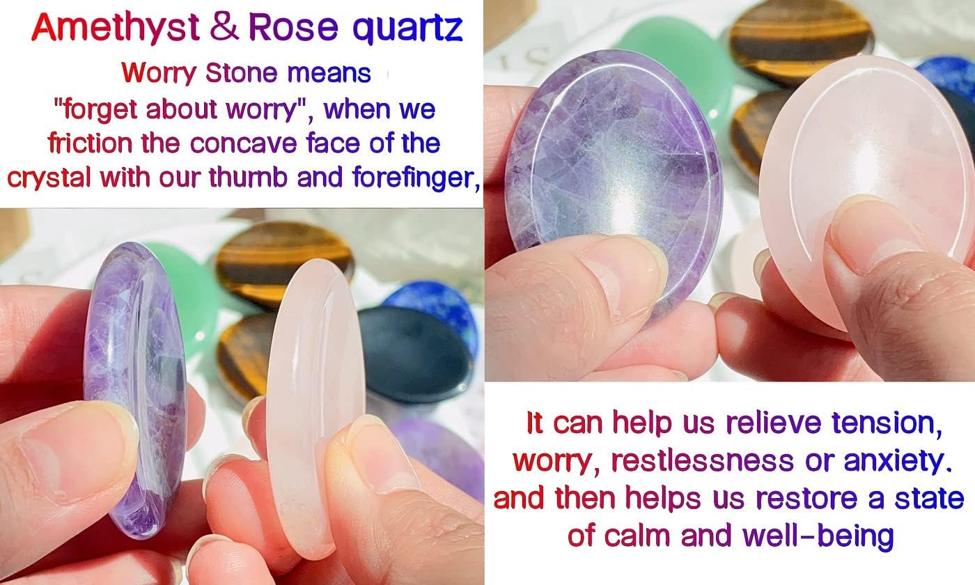 2PCS Worry Stone for Anxiety Tigers Eye Amethyst Healing Crystals Hand Thumb Stones Pocket Gemstones Meditation Accessories Oval Crystal Natural Relax Palm Stone Anxiety Relief Items Stocking Stuffers