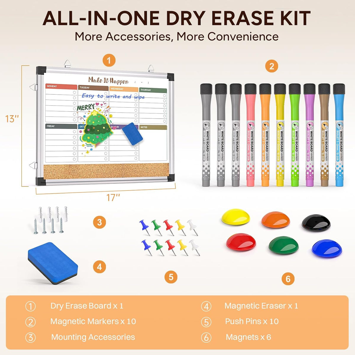 Marsrock Weekly Dry Erase Board, 17"x13", Double Sided, Colorful