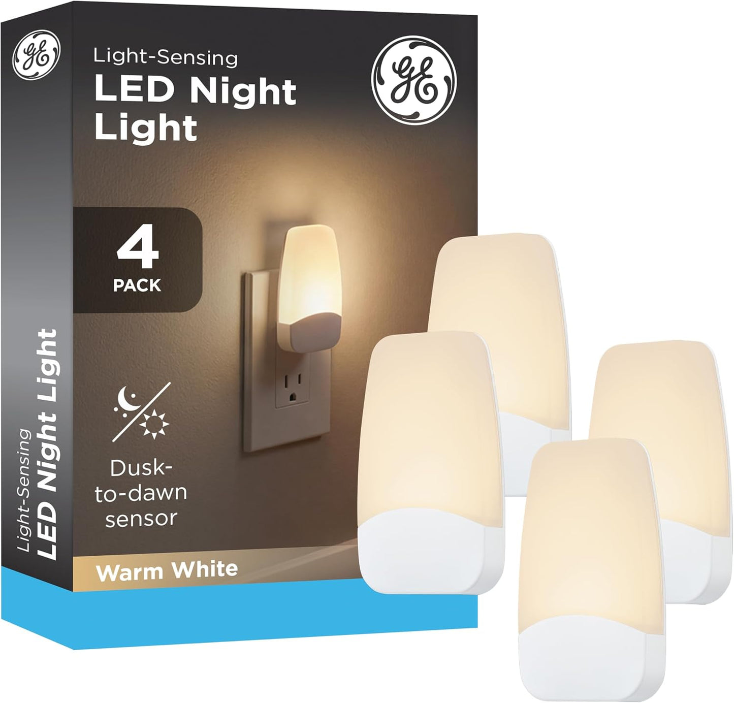 GE Sleeplite Night Lights Plug Into Wall, Dusk to Dawn Sensor, Ambient Lighting, Sleep Aid, Bathroom Decor, LED Lights for Bedroom, Apartment Essentials, Smart Home,86153, Amber, 4 Pack