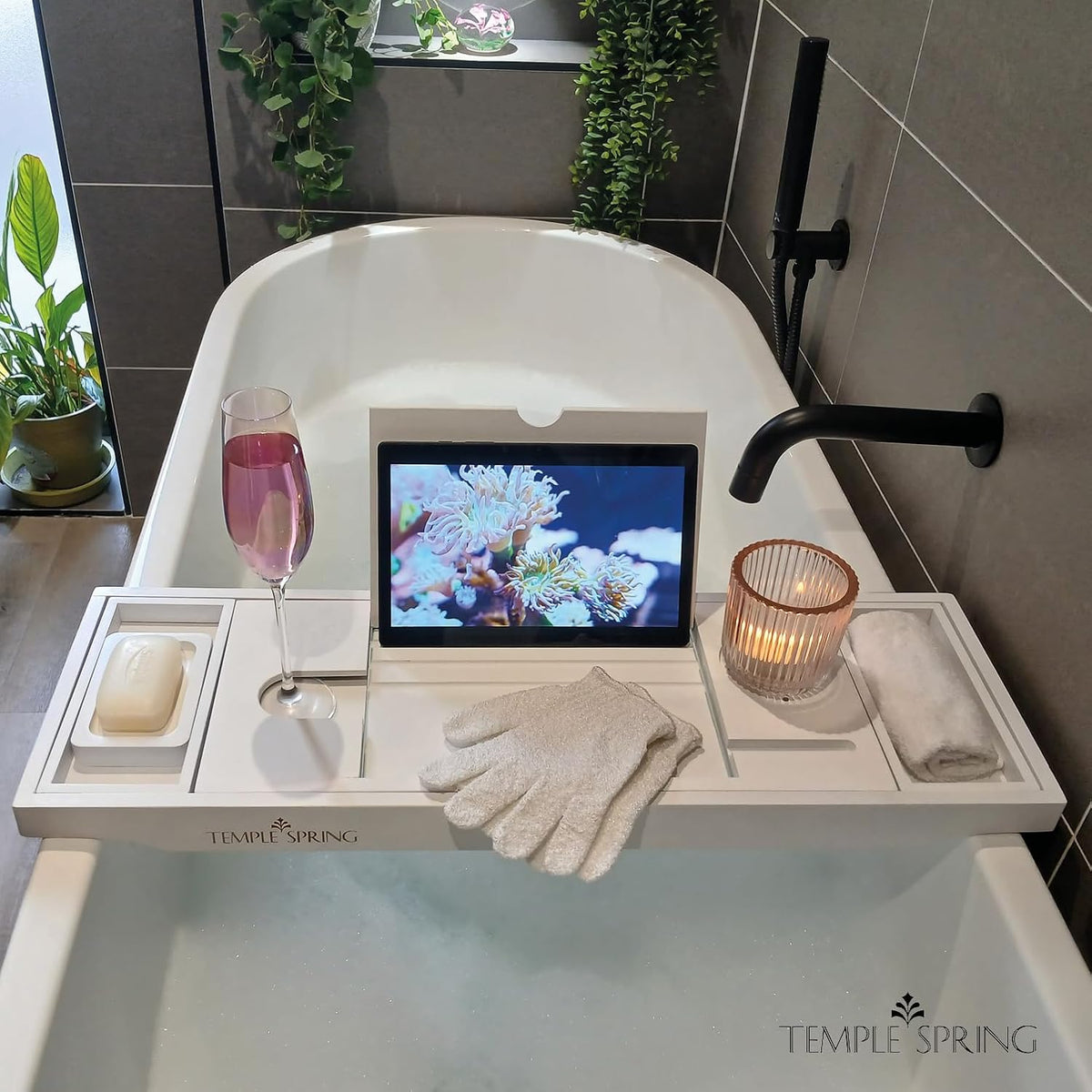 Temple Spring Bamboo Bathtub Tray Caddy for Tub — Expandable Wood Bath Tray with Solid Book Stand Wine Holder and Non-Slip Pads — Includes Bamboo Soap Dish and Spa Accessories — Luxury Bath Gift Set