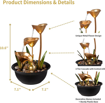 Tabletop Water Fountain Indoor, 10.6" Tiered Bowl Desktop Fountain with LED Light, Modern Zen Metal Waterfall Fountain for Office Desk, Home Office, Bedroom & Living Room Decor, Gold