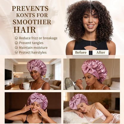 Silk Bonnet Satin Bonnet for Sleeping Large Bonnets with Tie Band Hair Wrap with Adjustable Straps Hair Cap for Women Curly Black